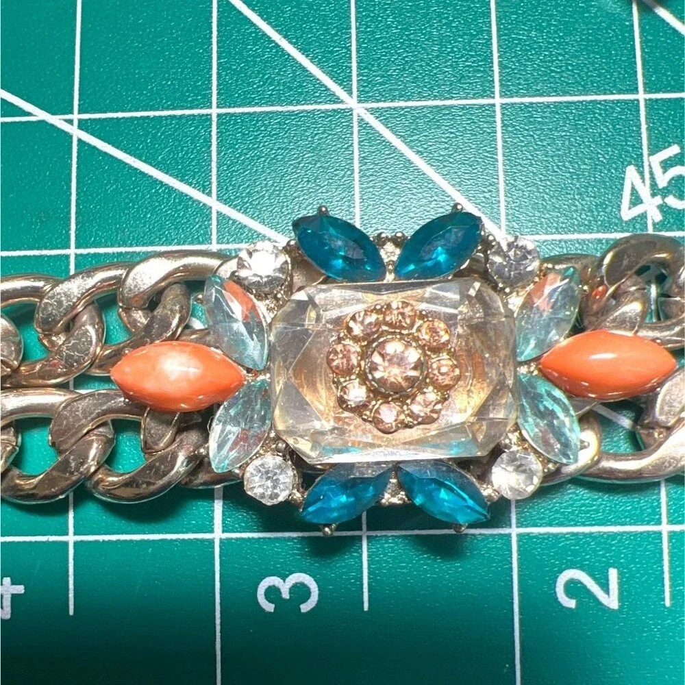 Double Chain Chunky‎ Rhinestones Necklace Orange Teal Gold Tone Biker Babe Funky